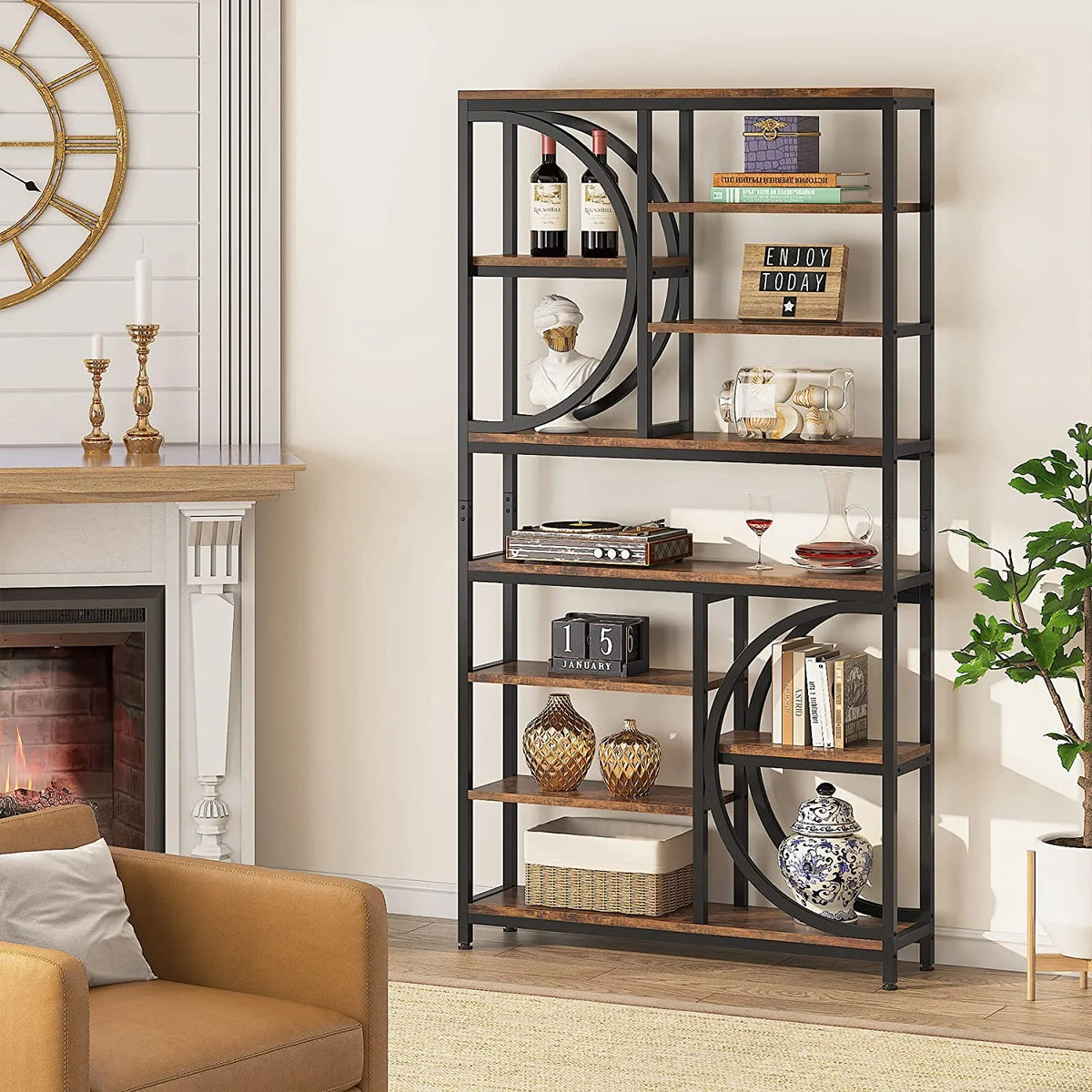 Industrial 8-Tier Wood Look Bookshelf with Metal Frame Y66975