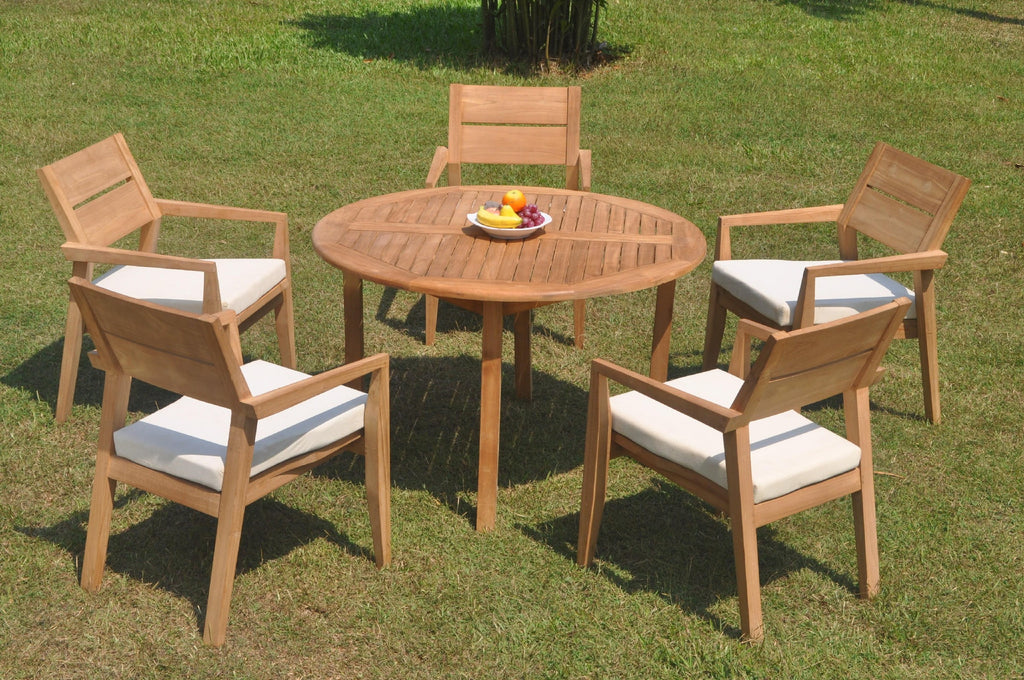 Grade-A Teak 6 Pc Dining Set with 48" Round Table and 5 Stacking Arm Chairs U9759