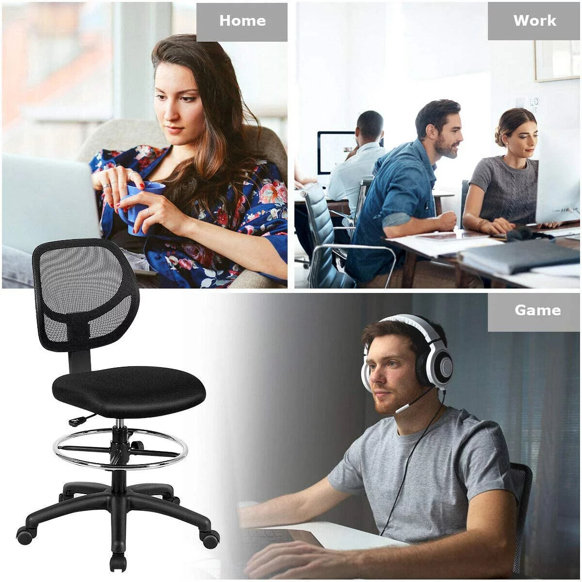 Black Mesh Drafting Chair with Footrest Ring Q8600