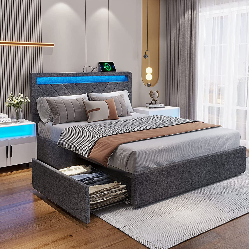 Queen Bed Frame with LED Lights Headboard, 4 Drawers, 2 USB Charging Station, Upholstered Platform Bed, Dark Gray Z366330