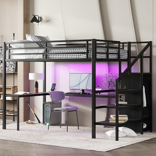 Full Size Black Metal Loft Bed with Desk and Wardrobe S53490