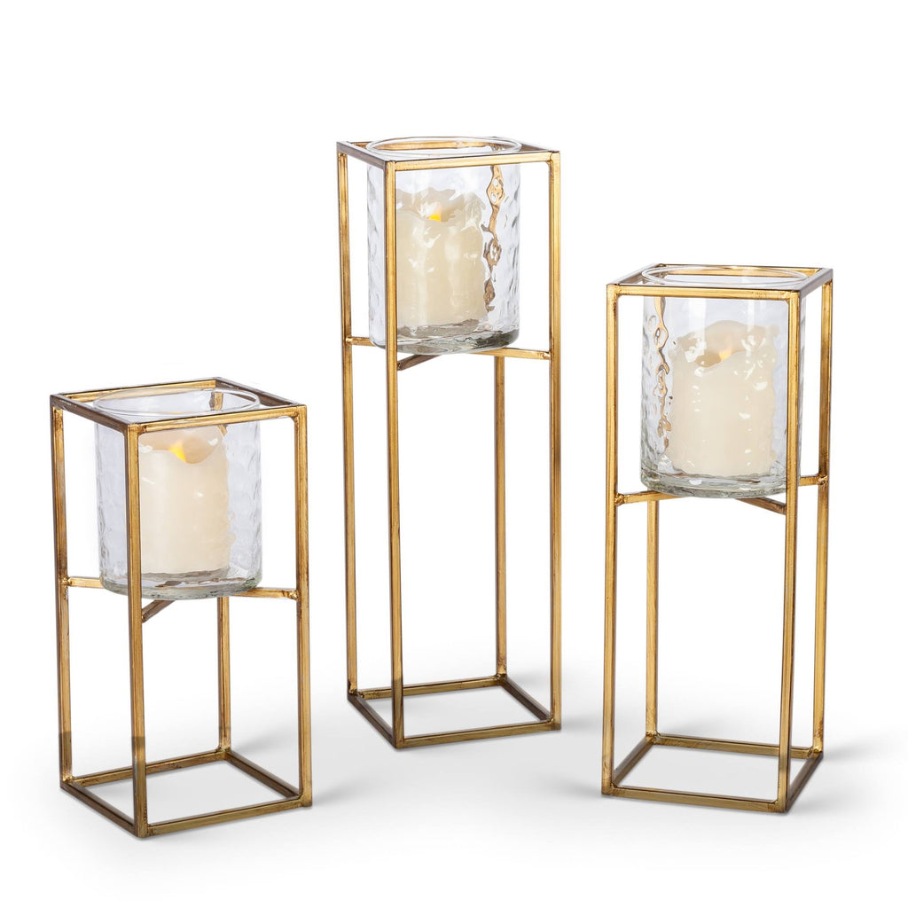 Textured Cylinder Glass and Gold Metal Candle Holder Set of 3 I776