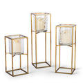 Textured Cylinder Glass and Gold Metal Candle Holder Set of 3 I776