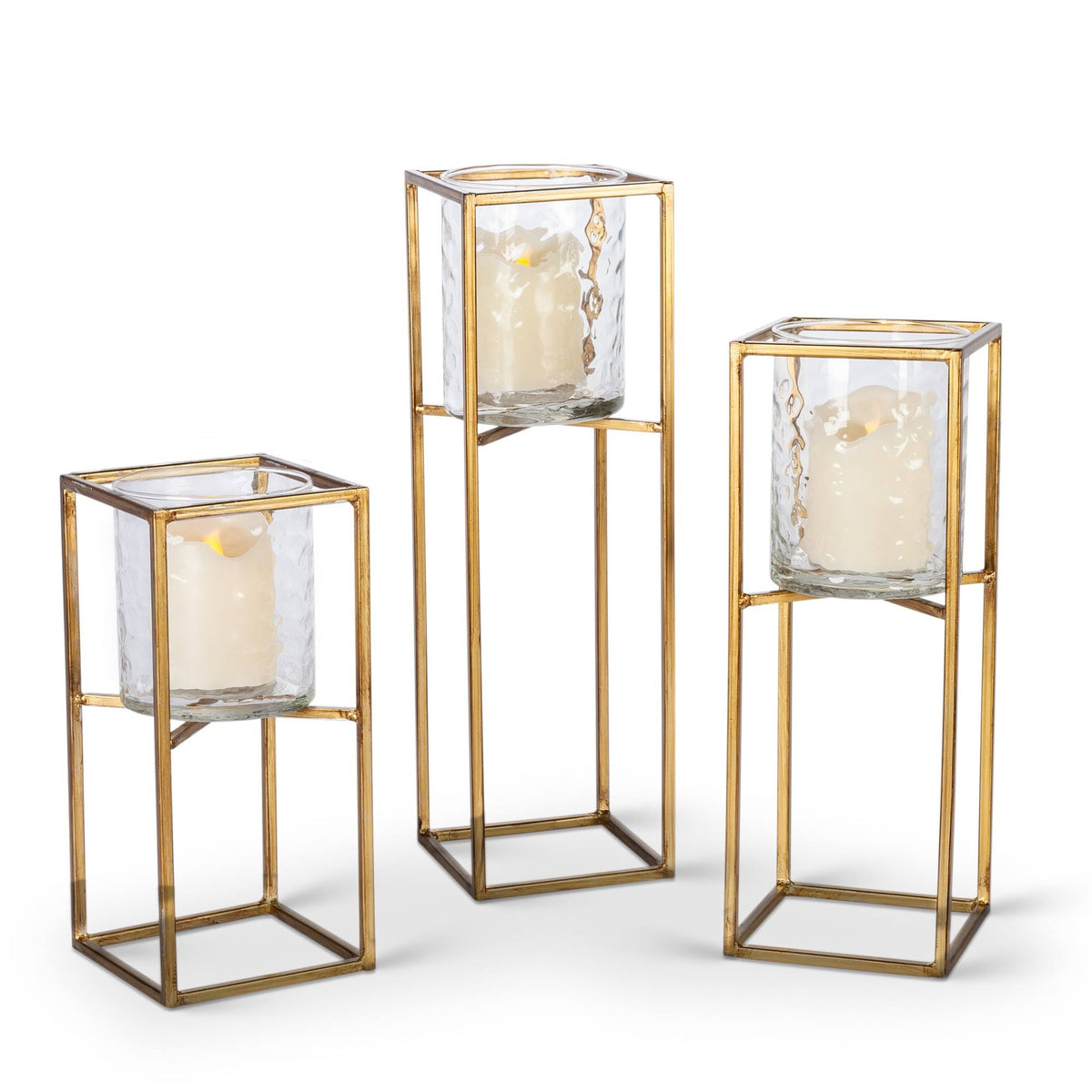 Textured Cylinder Glass and Gold Metal Candle Holder Set of 3 I776