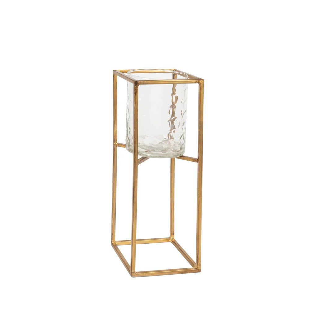 Textured Cylinder Glass and Gold Metal Candle Holder Set of 3 I776