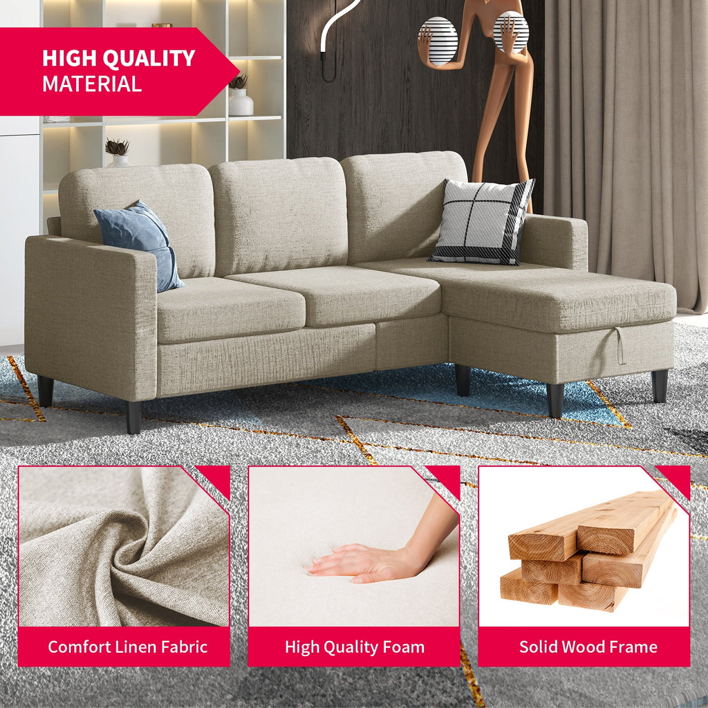 Beige Linen Sectional Sofa with Storage Ottoman L393