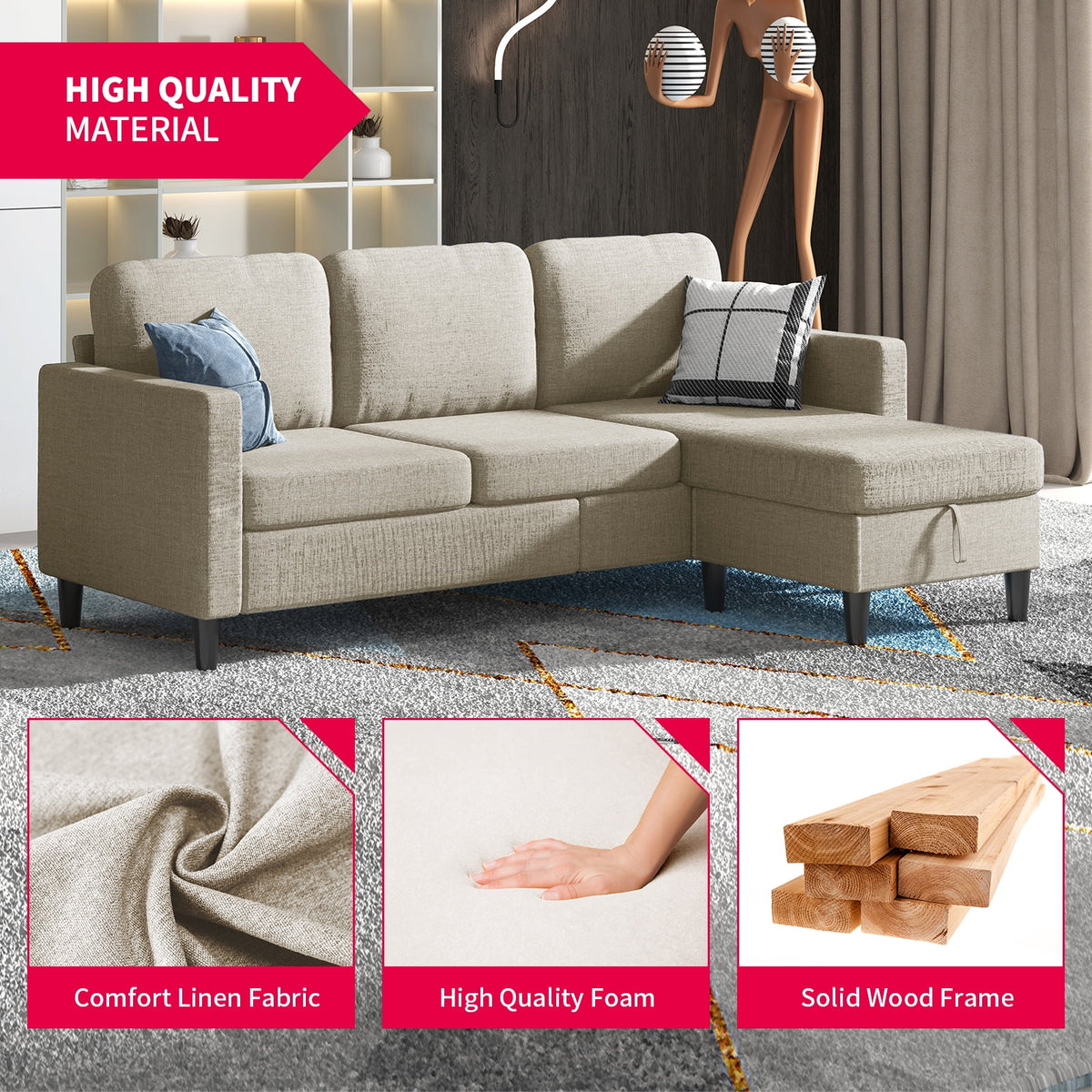 Beige Linen Sectional Sofa with Storage Ottoman L393