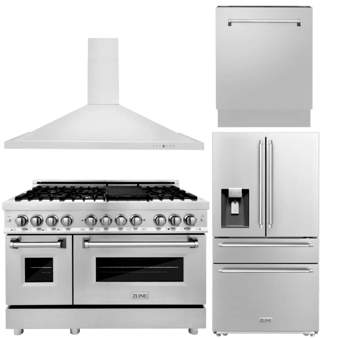 48 Dual Fuel Range, Refrigerator with Water and Ice Dispenser, Range Hood and Dishwasher in Stainless Steel M27932