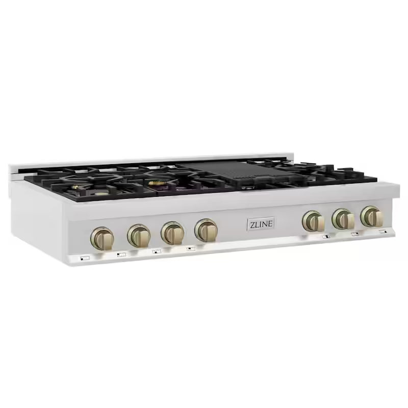 48 in. 7 Burner Gas Cooktop with Champagne Bronze Knobs in Stainless Steel J6499
