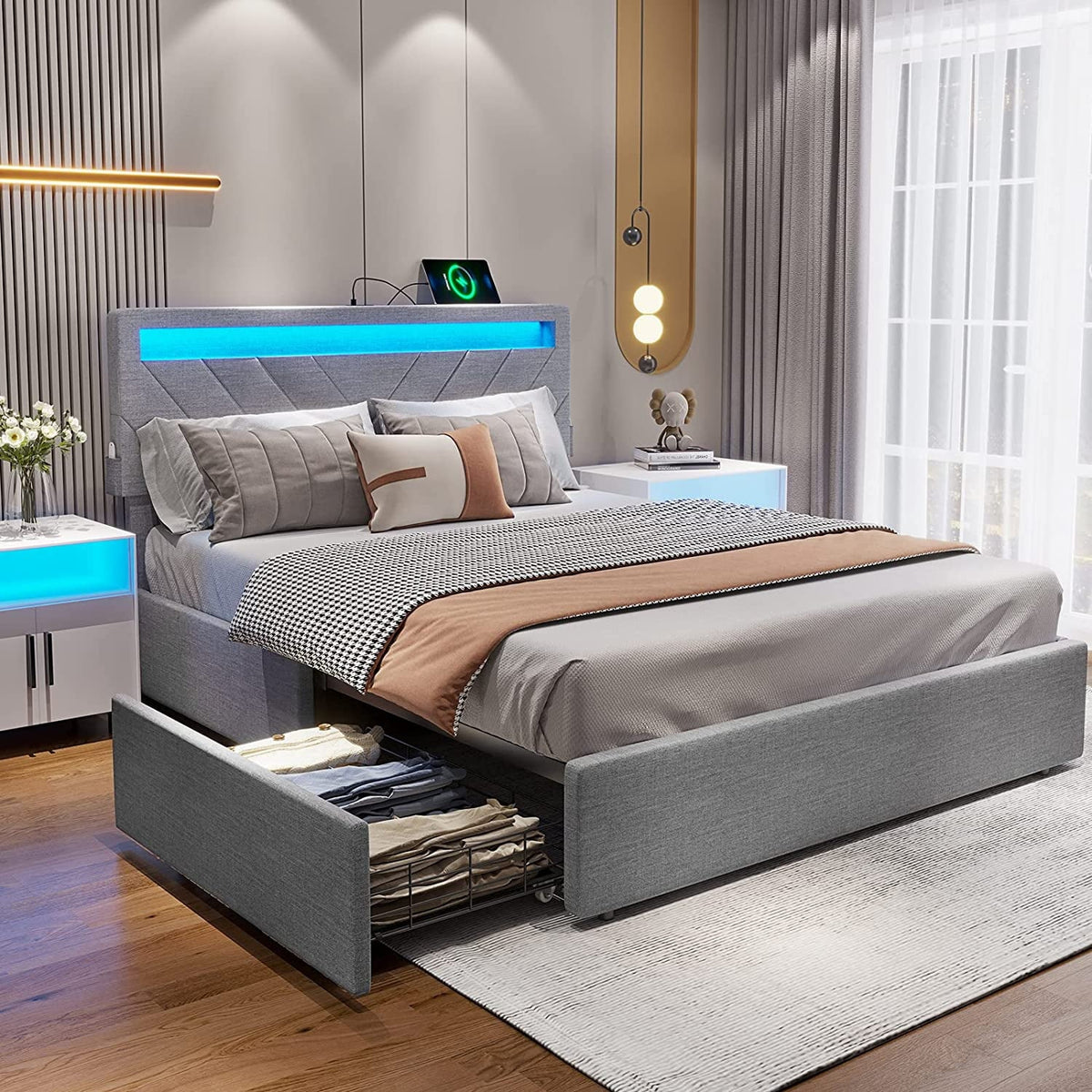 Queen Bed Frame with LED Lights Headboard, 4 Drawers, 2 USB Charging Station, Upholstered Platform Bed, Dark Gray Z366330
