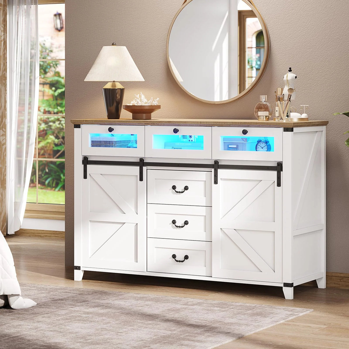 White 6 Drawer Dresser with 2 Sliding Doors S2580