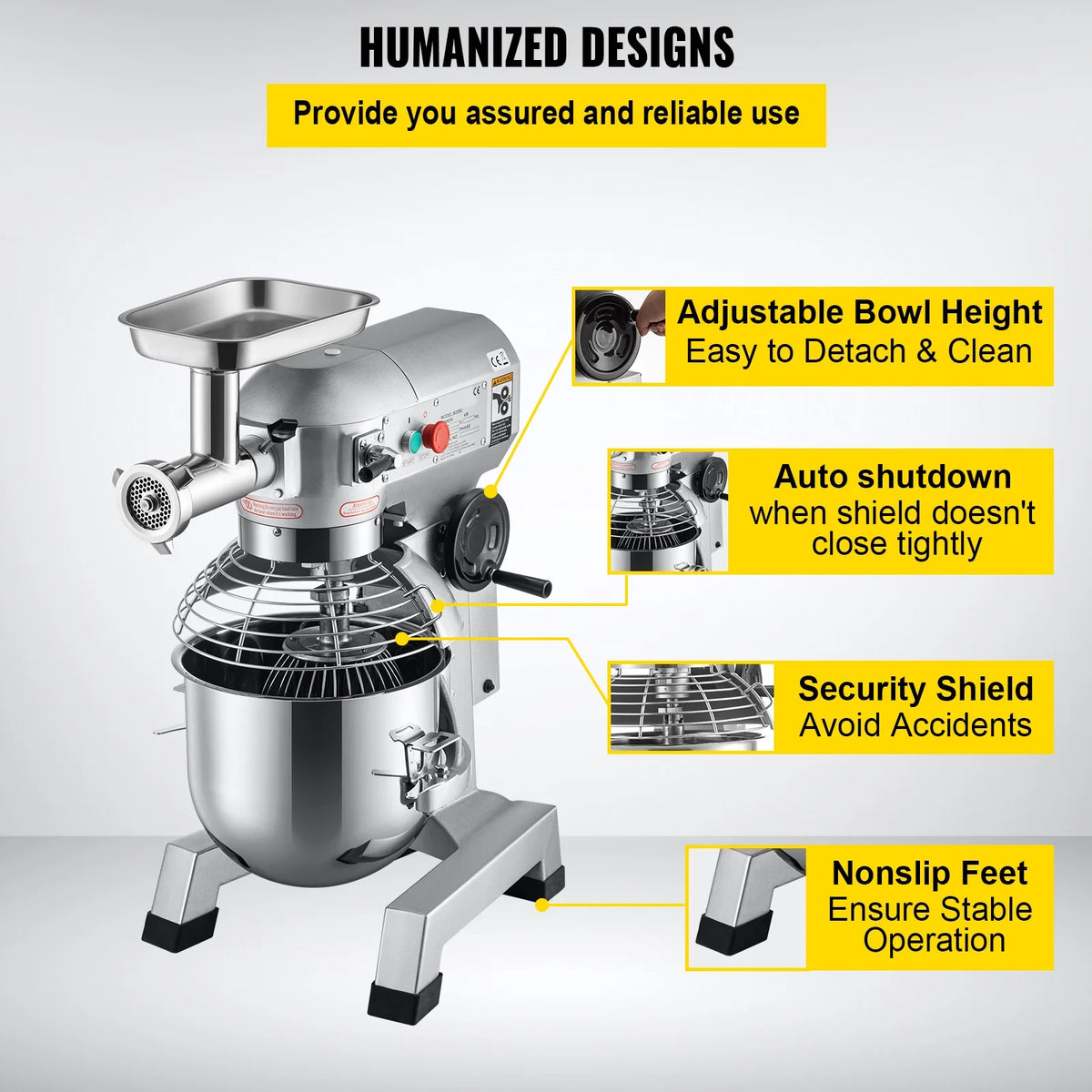 Commercial Stand Mixer with Meat Grinder, 20Qt Stainless Steel Bowl, 1100W B47128
