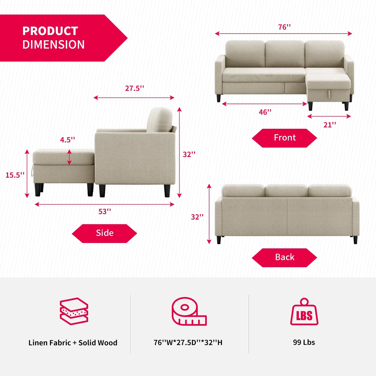 Beige Linen Sectional Sofa with Storage Ottoman L393