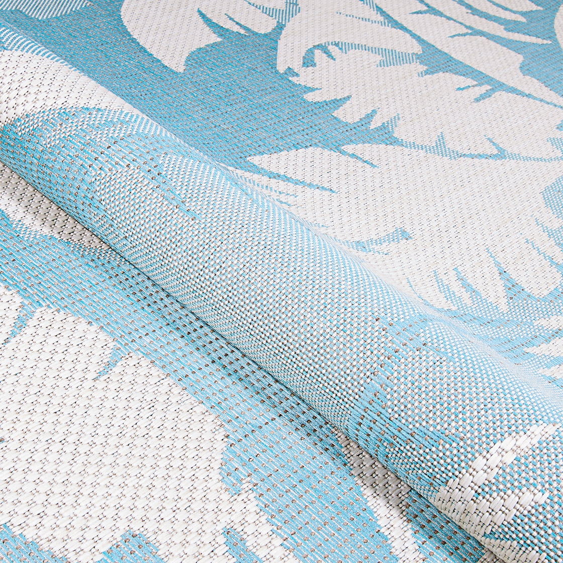 Ivory-Turquoise Blue Indoor Outdoor Area Rug 3'9" x 5'5" W558
