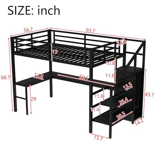 Full Size Black Metal Loft Bed with Desk and Wardrobe S53490