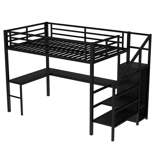 Full Size Black Metal Loft Bed with Desk and Wardrobe S53490