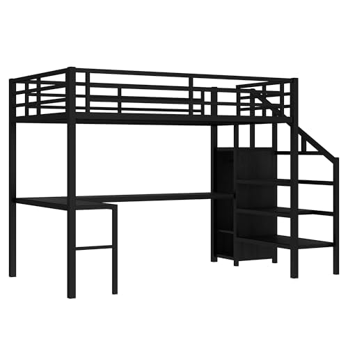 Full Size Black Metal Loft Bed with Desk and Wardrobe S53490