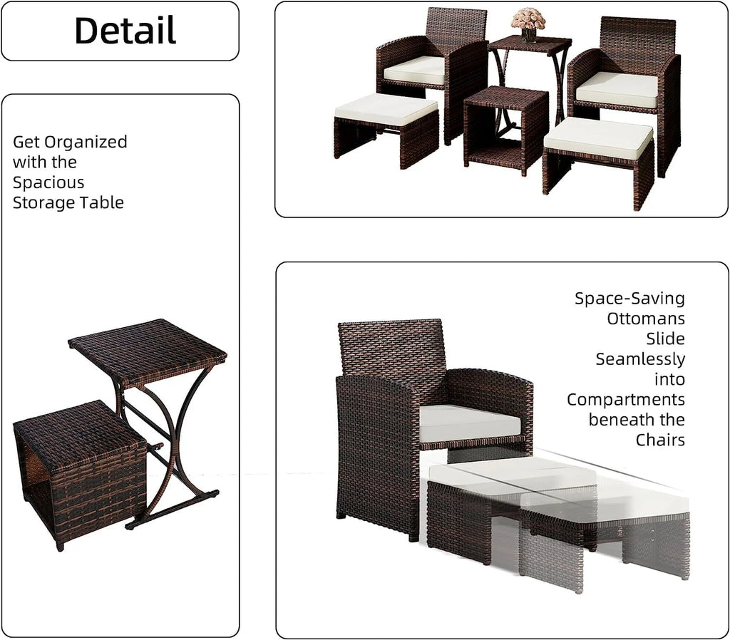 5 Piece PE Wicker Patio Conversation Set with Cushions and Glass Table K7449