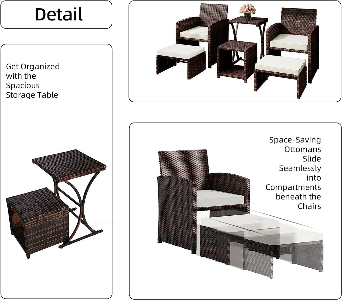 5 Piece PE Wicker Patio Conversation Set with Cushions and Glass Table K7449