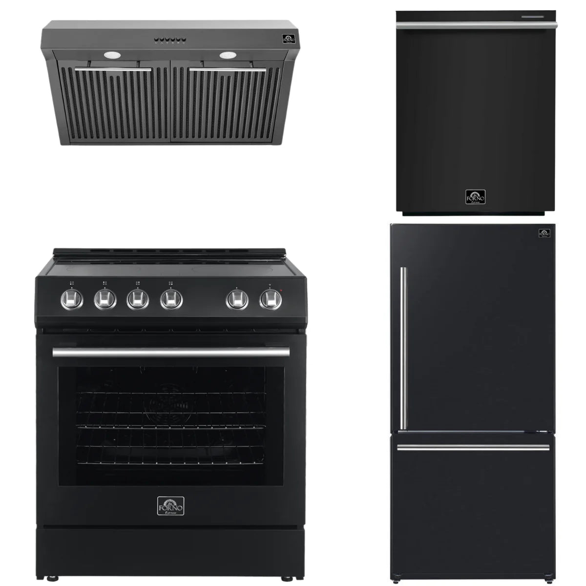 30 Electric Range, Range Hood, Refrigerator and Dishwasher in Black J6305