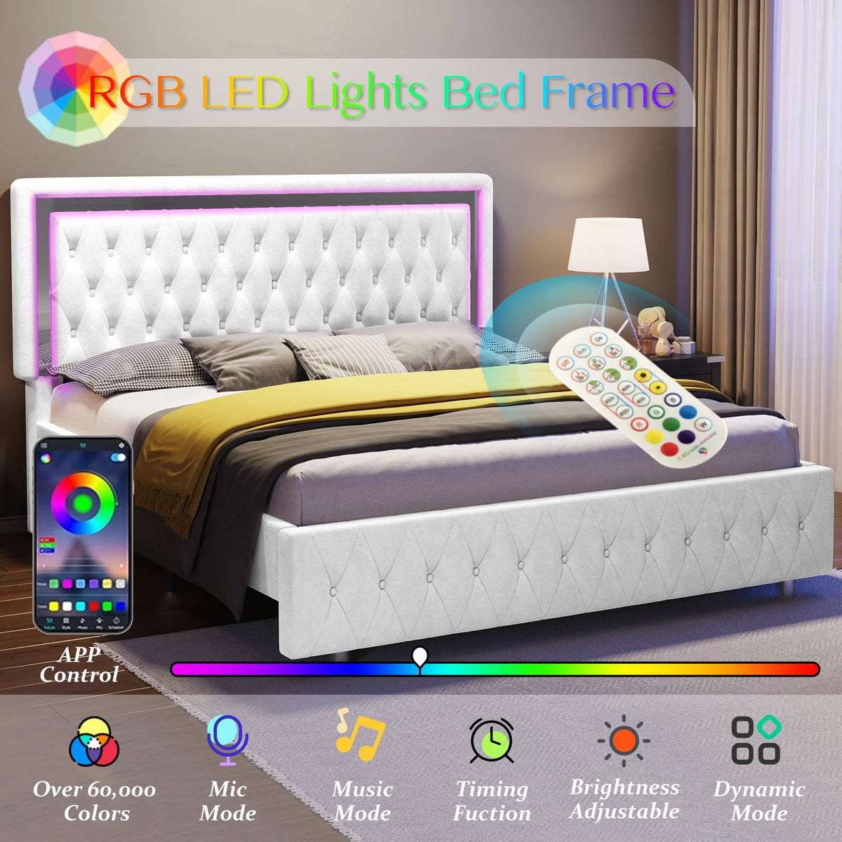 Queen Size Velvet Button Tufted LED Bed Frame F6403