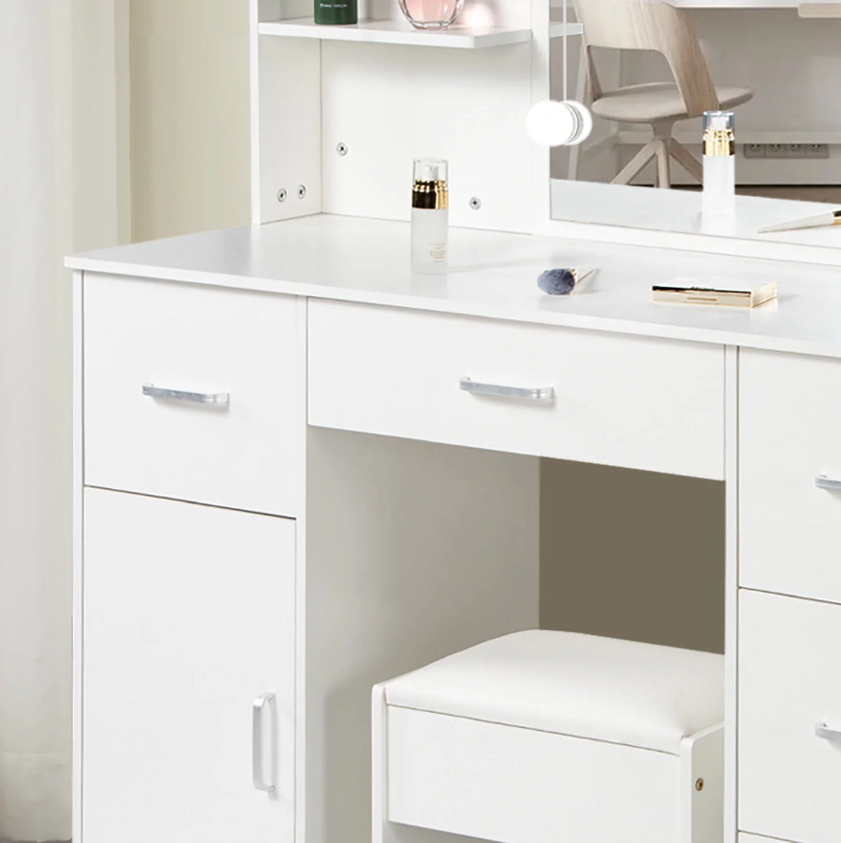 White Vanity Set with LED Lights, Stool, 5 Drawers I9974
