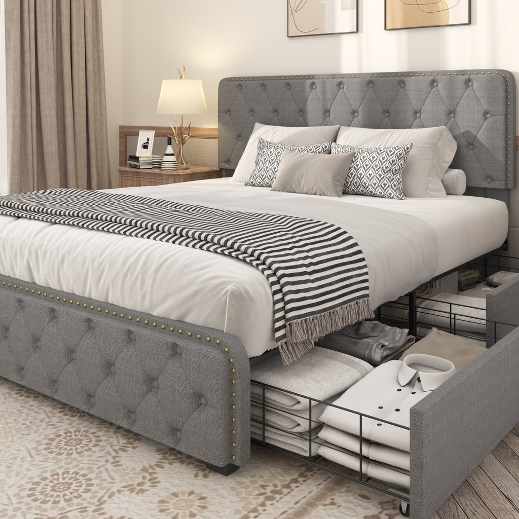 Queen Size Platform Bed Frame with 4 Storage Drawers and Upholstered Headboard A725694