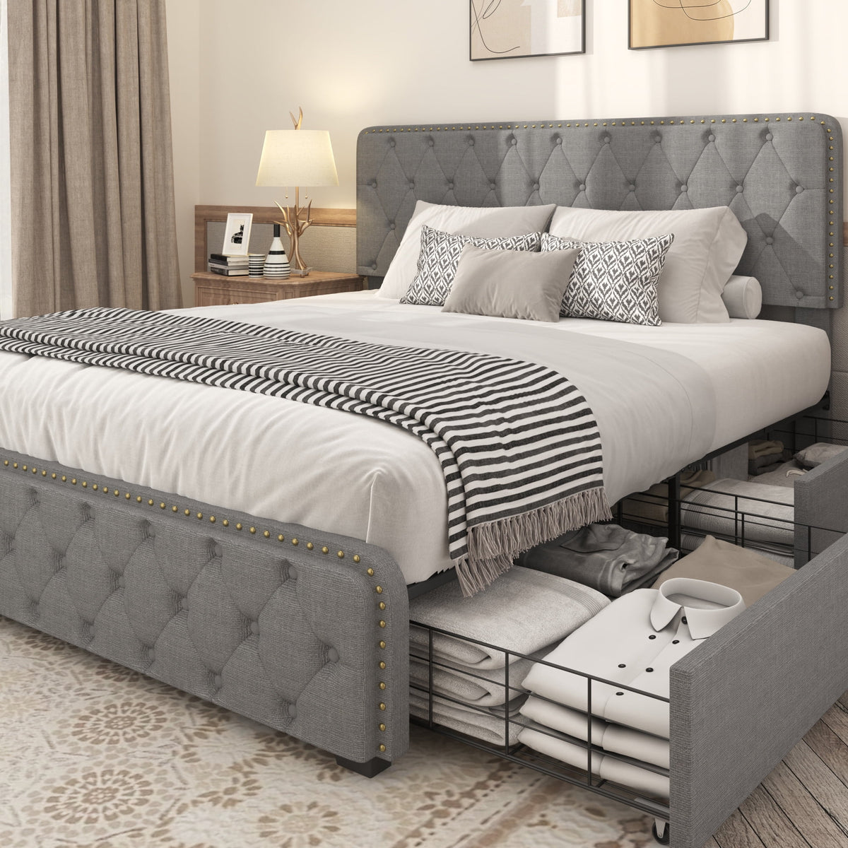 Queen Size Platform Bed Frame with 4 Storage Drawers and Upholstered Headboard A725694