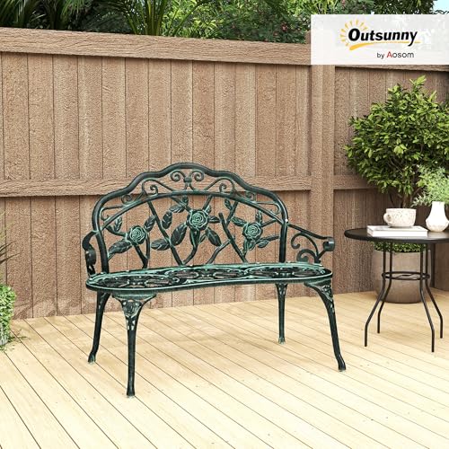 Green Cast Aluminum Metal Bench with Floral Rose Accent C900581