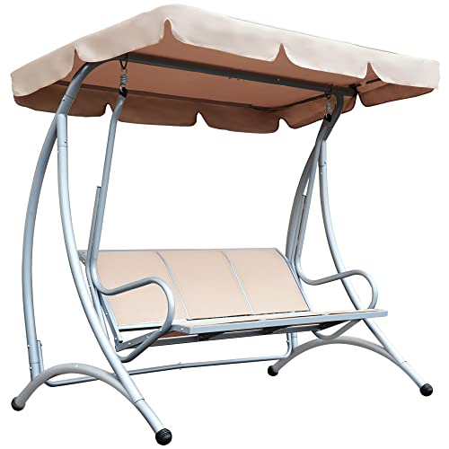 3-Seat Outdoor Porch Swing Chair with Adjustable Canopy and Steel Frame, Beige V895