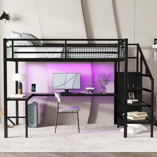 Full Size Black Metal Loft Bed with Desk and Wardrobe S53490