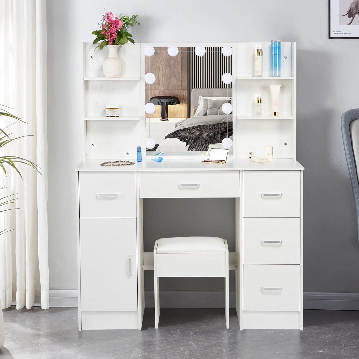 White Vanity Set with LED Lights, Stool, 5 Drawers I9974