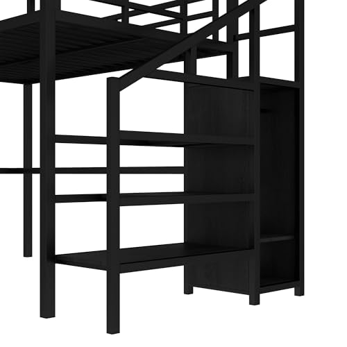 Full Size Black Metal Loft Bed with Desk and Wardrobe S53490