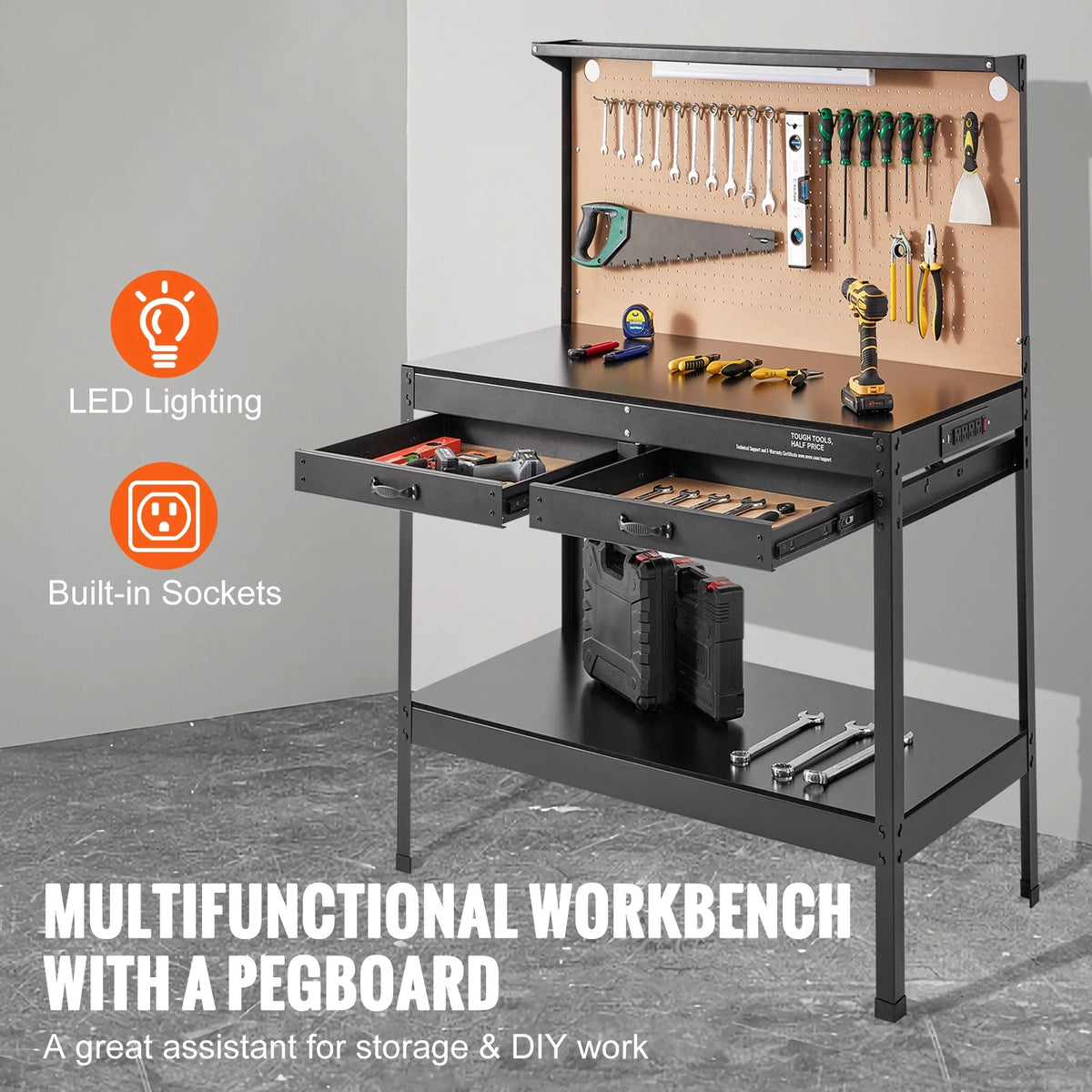48x24" Steel Workbench with Pegboard and Power Outlets I291858