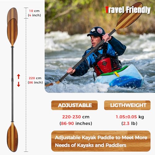 Full Carbon Fiber Shaft Wooden Blade Adjustable Kayak Paddle A63395