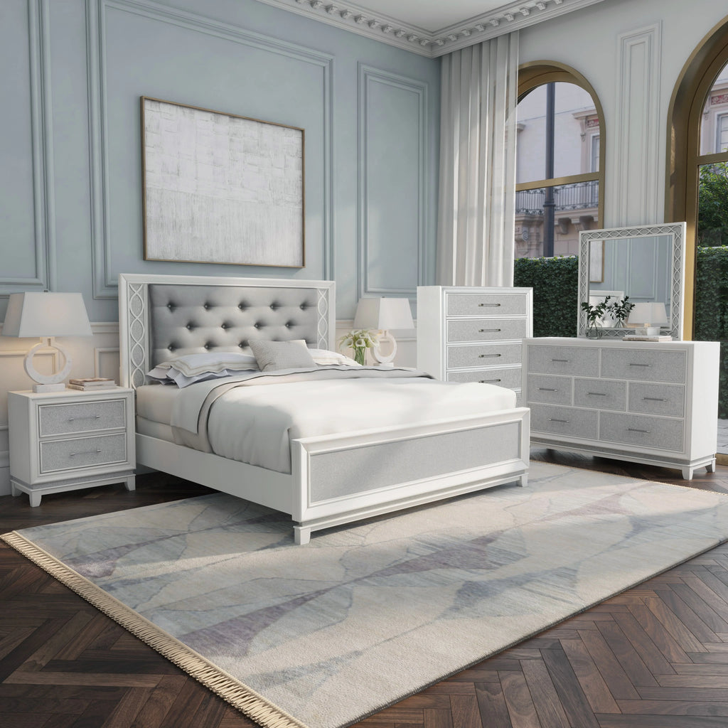 6-Piece Bedroom Set with LED Lights, Tufted Bed, Dresser, Mirror, 2 Nightstands, Chest, King Y42107