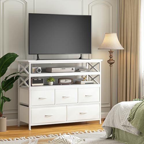 Rustic Brown Dresser TV Stand with 5 Fabric Drawers O139
