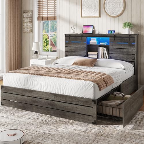 Queen Size Wooden Bed Frame with Bookcase Headboard and Storage Drawers S67456