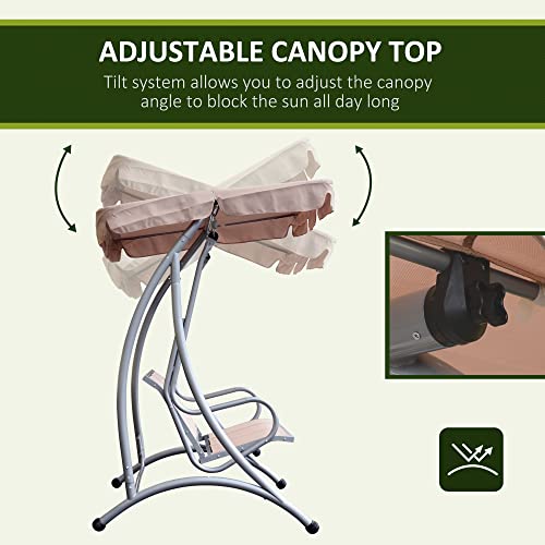 3-Seat Outdoor Porch Swing Chair with Adjustable Canopy and Steel Frame, Beige V895