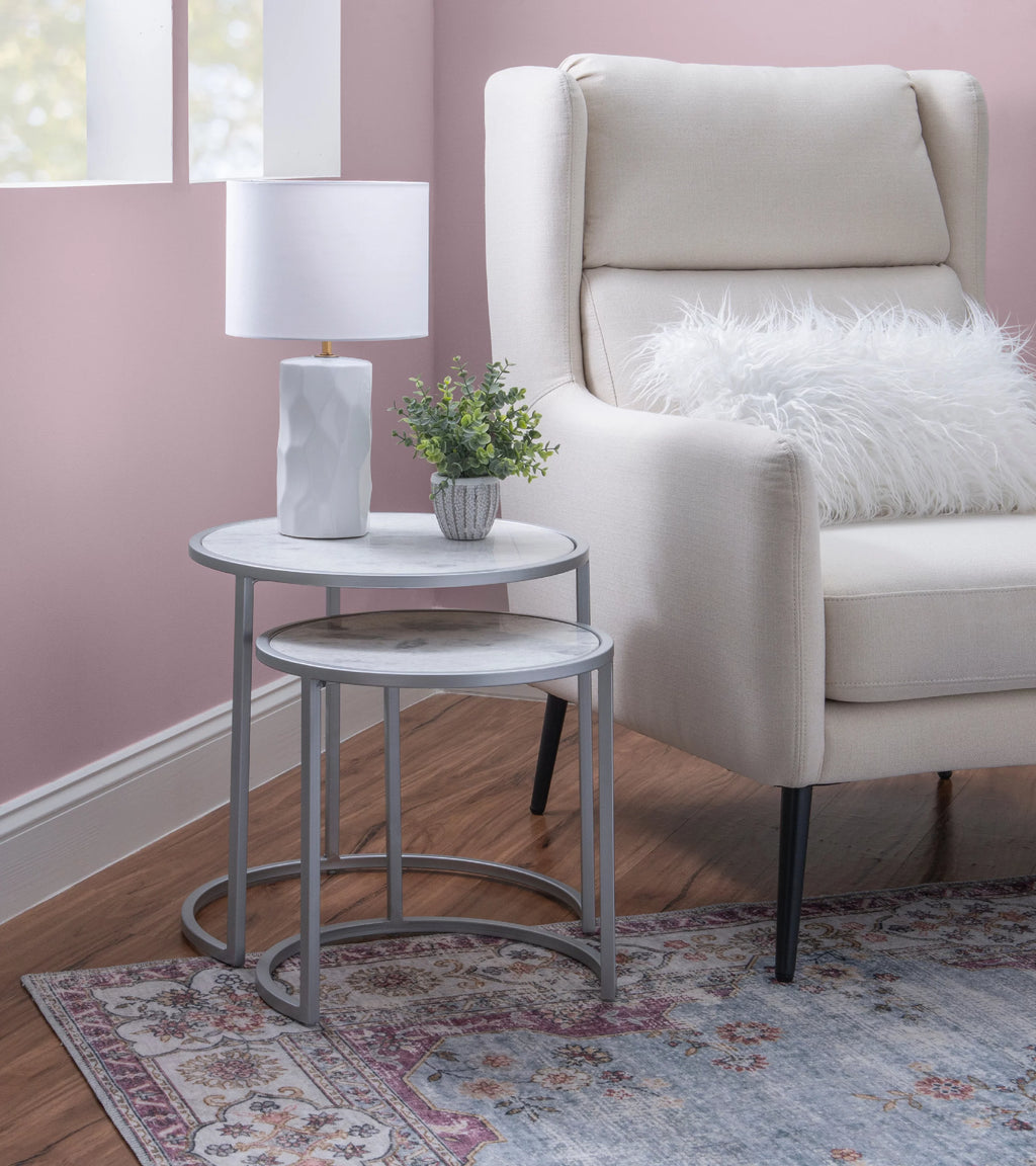Round Nesting Tables Set of 2 Silver Metal White Marble Tops Z8016