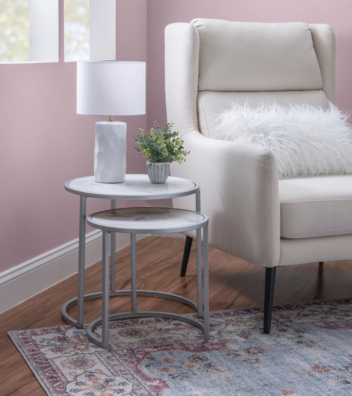 Round Nesting Tables Set of 2 Silver Metal White Marble Tops Z8016