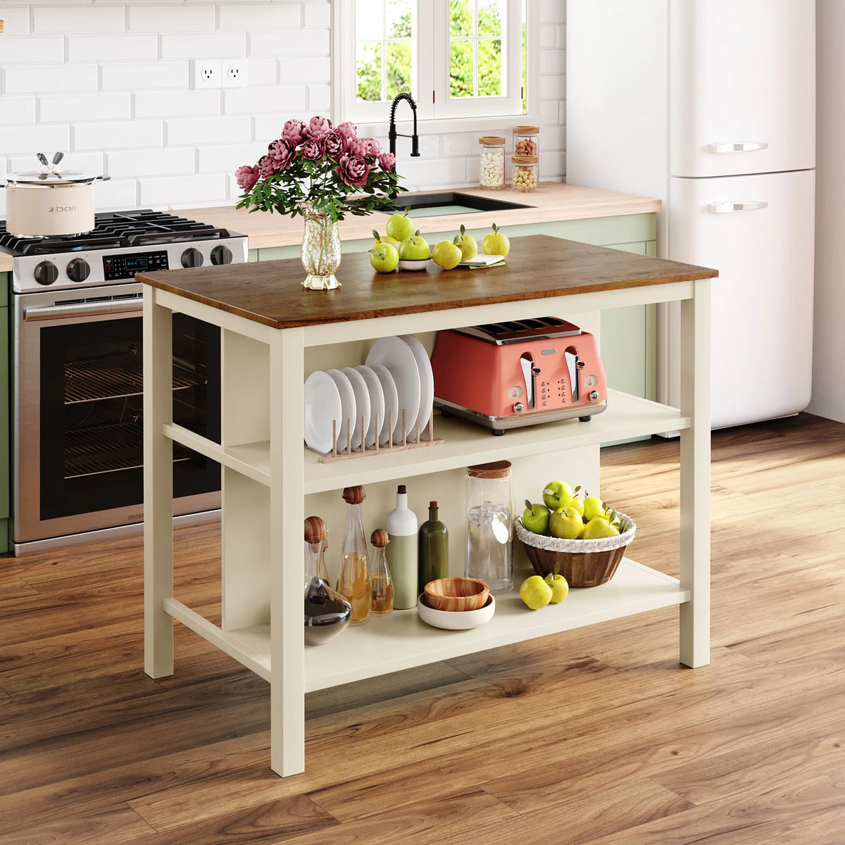 Solid Wood Kitchen Island with 2 Open Shelves K284