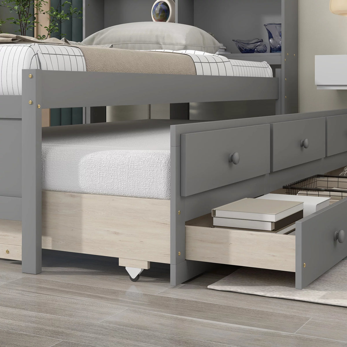 Twin Size Wooden Platform Bed with Trundle and 3 Storage Drawers M474