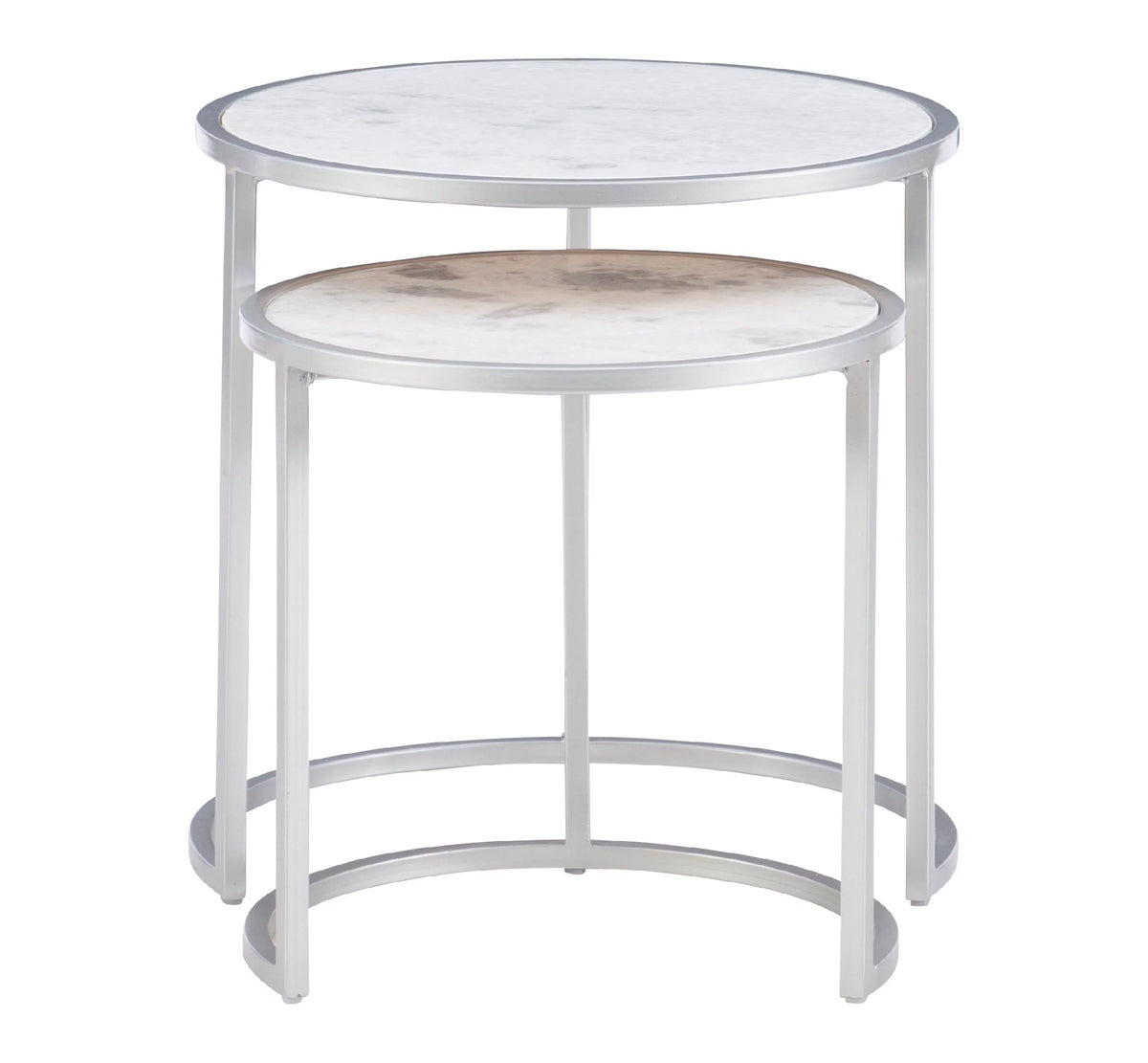 Round Nesting Tables Set of 2 Silver Metal White Marble Tops Z8016