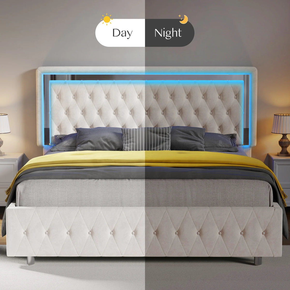 Queen Size Velvet Button Tufted LED Bed Frame F8297
