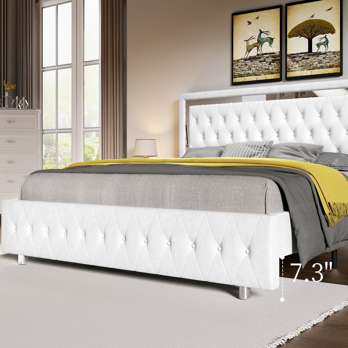 Queen Size Velvet Button Tufted LED Bed Frame F8297