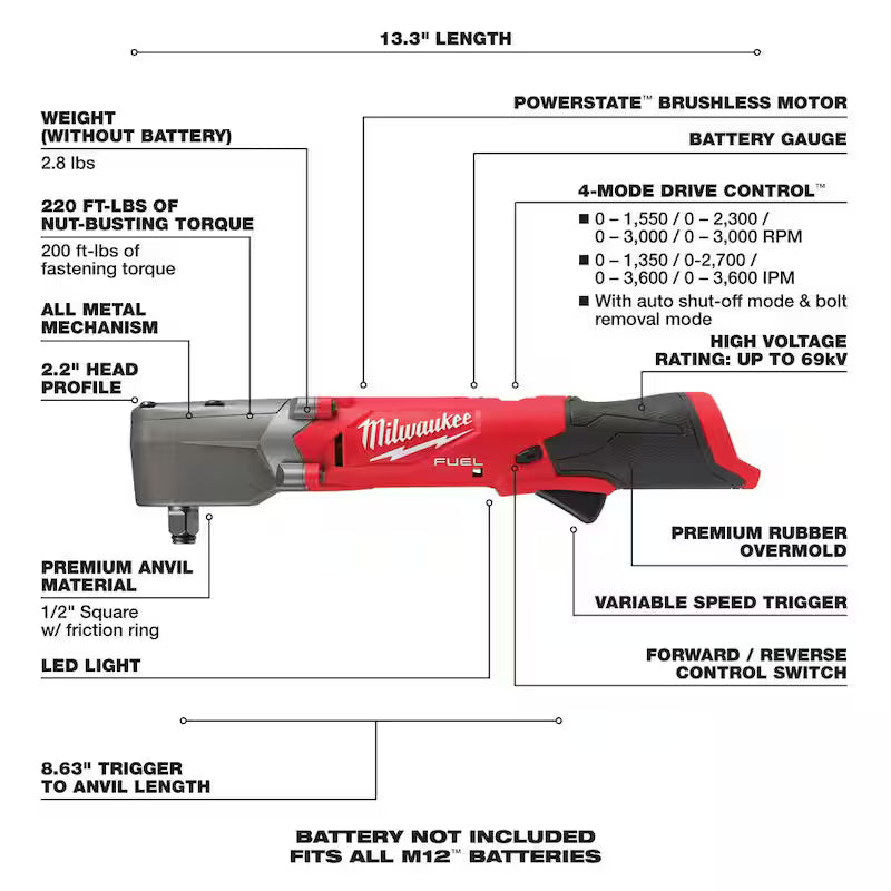 12V Brushless Cordless 1/2 in. Right Angle Impact Wrench with 1.5 Ah Battery Pack M698