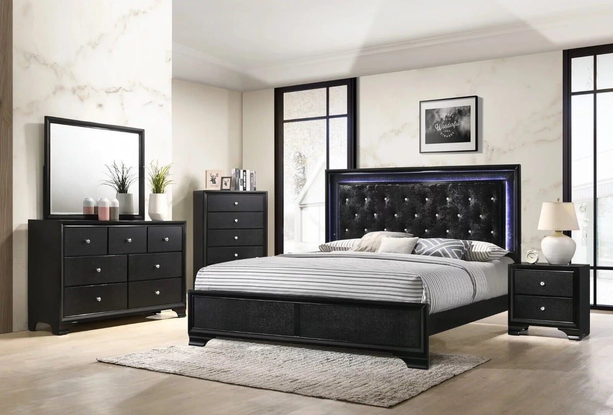 King Size Upholstery LED Bed Dresser Mirror Nightstand Set N127