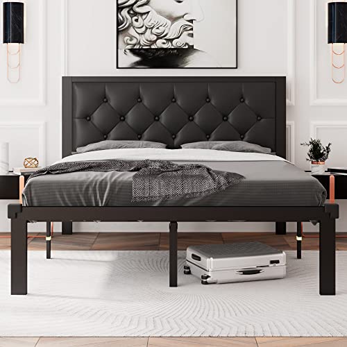 Full Size Black Metal Platform Bed Frame with Faux Leather Tufted Headboard M495250