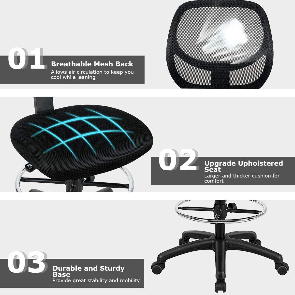 Black Mesh Drafting Chair with Footrest Ring Q8600